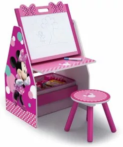 Delta Children Minnie Mouse Deluxe Kids Art Table - Easel, Desk, Stool, Toy Organizer