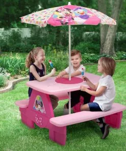 Delta Children Minnie Mouse 4 Seat Activity Picnic Table With Umbrella And LEGO Compatible Tabletop Outdoor