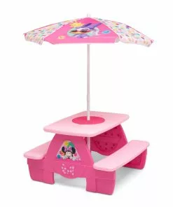 Delta Children Minnie Mouse 4 Seat Activity Picnic Table With Umbrella And LEGO Compatible Tabletop Outdoor
