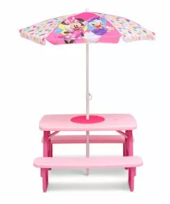 Delta Children Minnie Mouse 4 Seat Activity Picnic Table With Umbrella And LEGO Compatible Tabletop Outdoor
