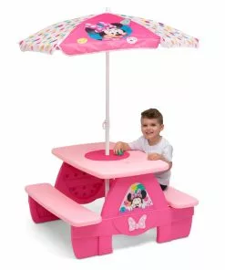 Delta Children Minnie Mouse 4 Seat Activity Picnic Table With Umbrella And LEGO Compatible Tabletop Outdoor