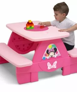 Delta Children Outdoor Minnie Mouse 4 Seat Activity Picnic Table With LEGO Compatible Tabletop