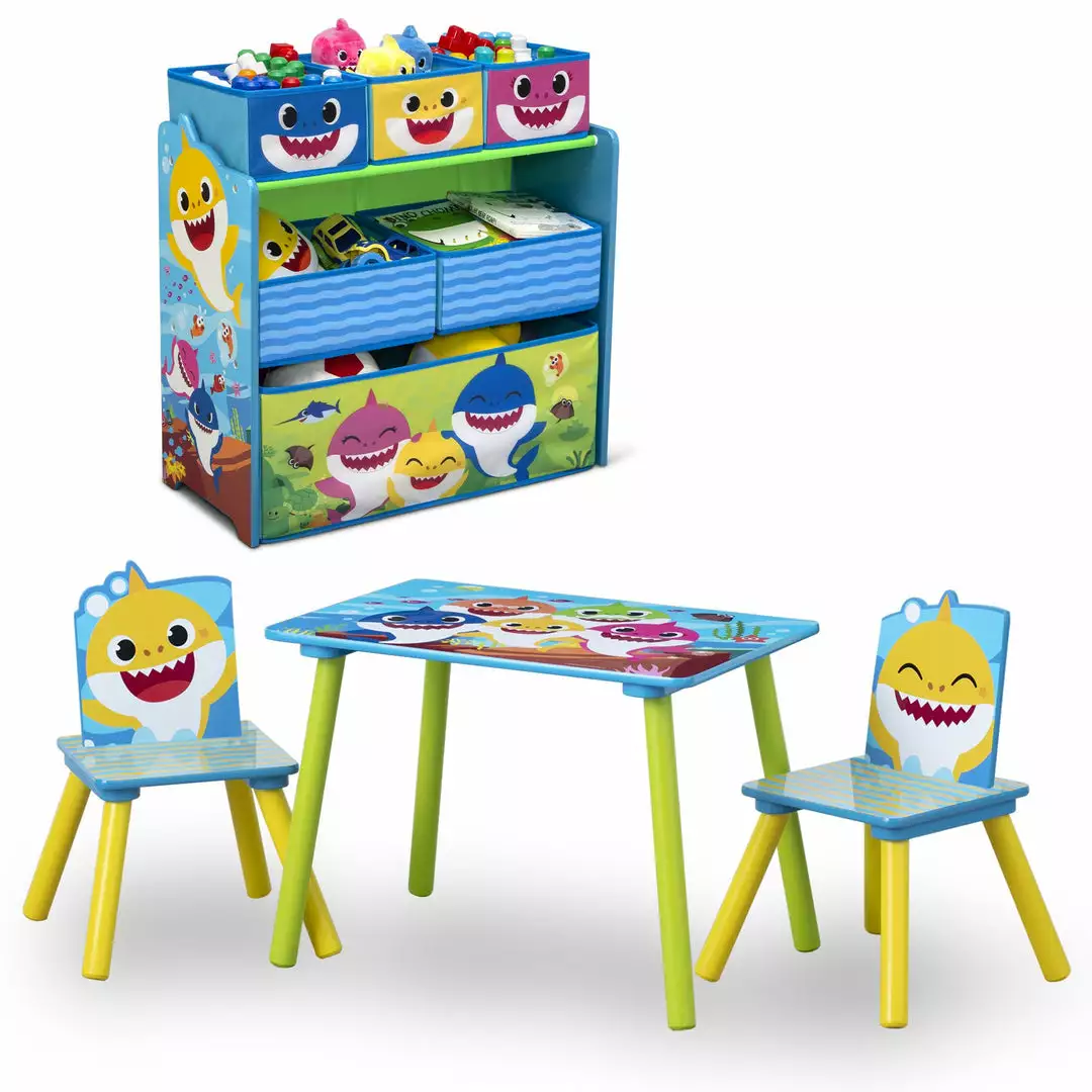 Delta Children Baby Shark 4-Piece Playroom Solution – Set Includes Table And 2 Chairs And 6-Bin Toy Organizer 5 Delta Children Baby Shark 4-Piece Playroom Solution – Set Includes Table And 2 Chairs And 6-Bin Toy Organizer