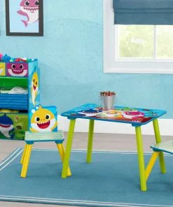 Delta Children Baby Shark 4-Piece Playroom Solution – Set Includes Table And 2 Chairs And 6-Bin Toy Organizer