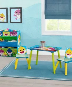 Delta Children Baby Shark 4-Piece Playroom Solution – Set Includes Table And 2 Chairs And 6-Bin Toy Organizer