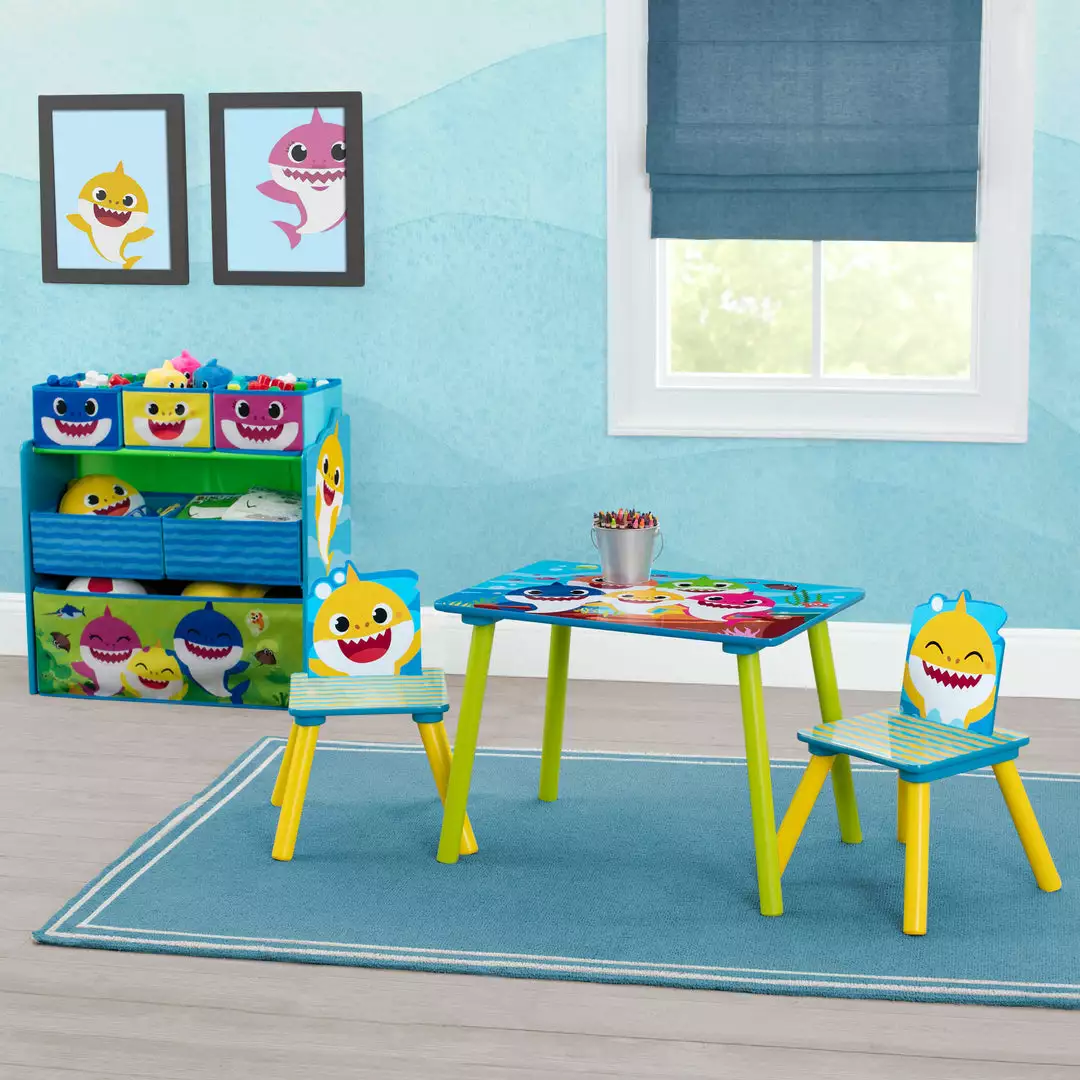 Delta Children Baby Shark 4-Piece Playroom Solution – Set Includes Table And 2 Chairs And 6-Bin Toy Organizer 3 Delta Children Baby Shark 4-Piece Playroom Solution – Set Includes Table And 2 Chairs And 6-Bin Toy Organizer